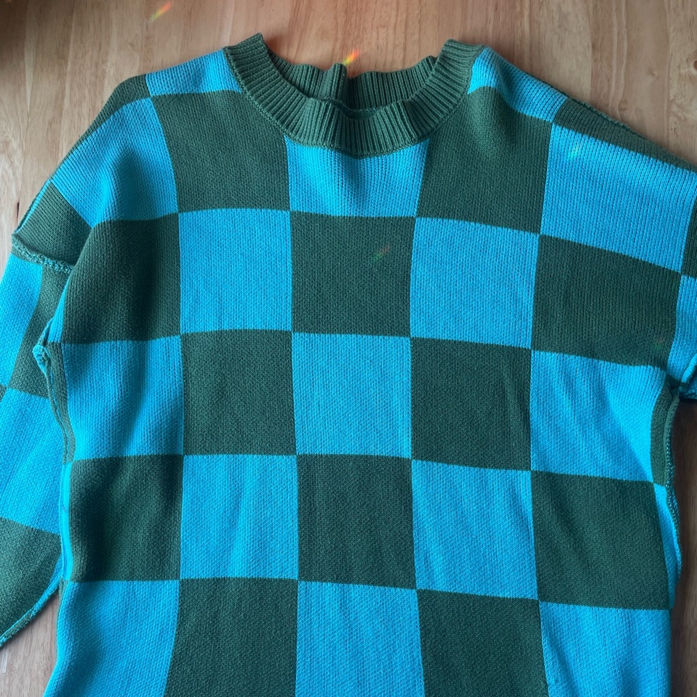 Fun checkered blue and green sweater